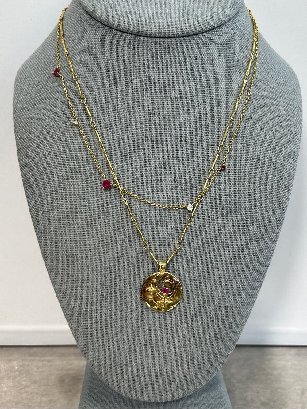 Wanderlust + Co Gold Layered Pendant Necklace with Pink Stones